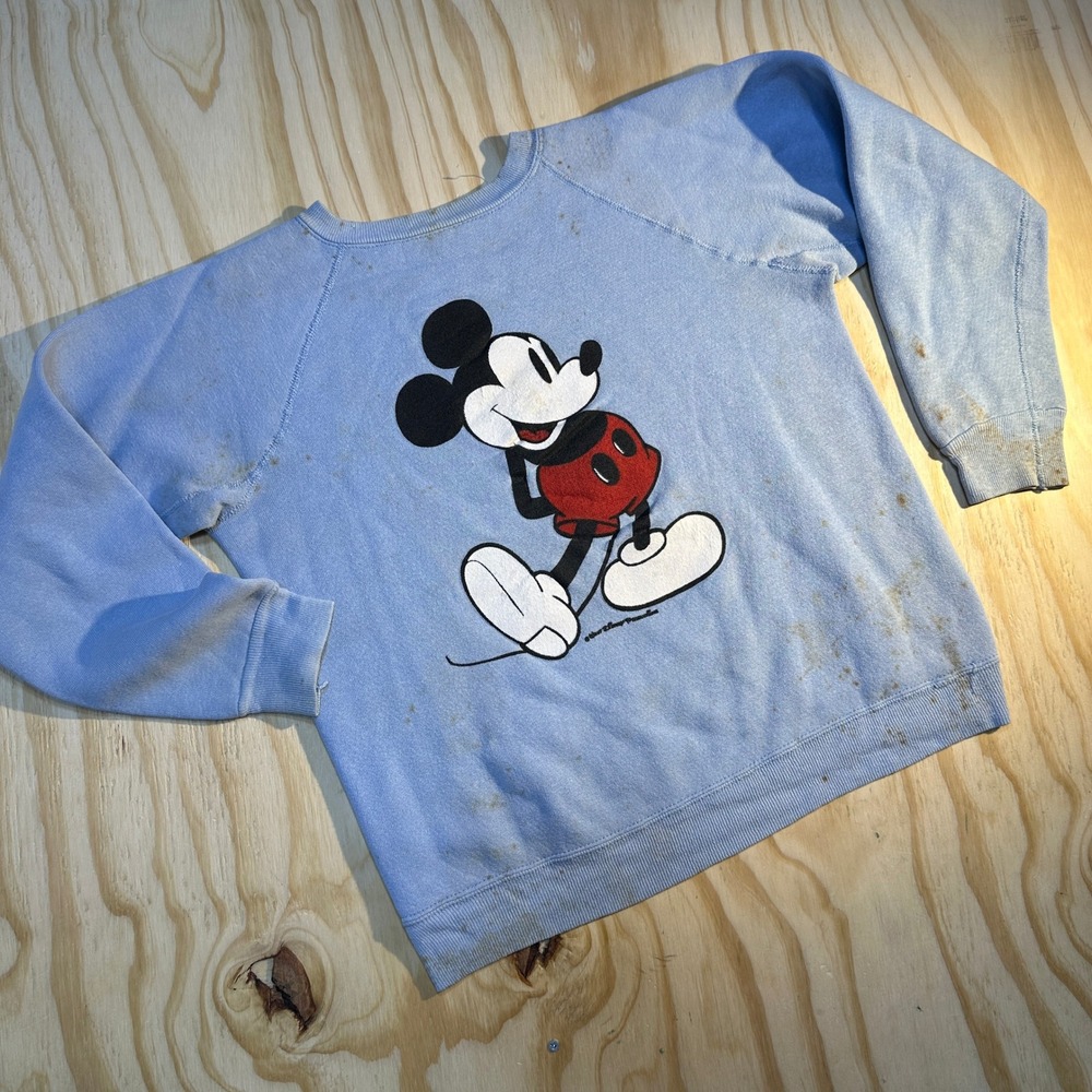 70s Walt Disney Mickey Mouse Sweatshirt Light Blue Raglan Pullover Medium